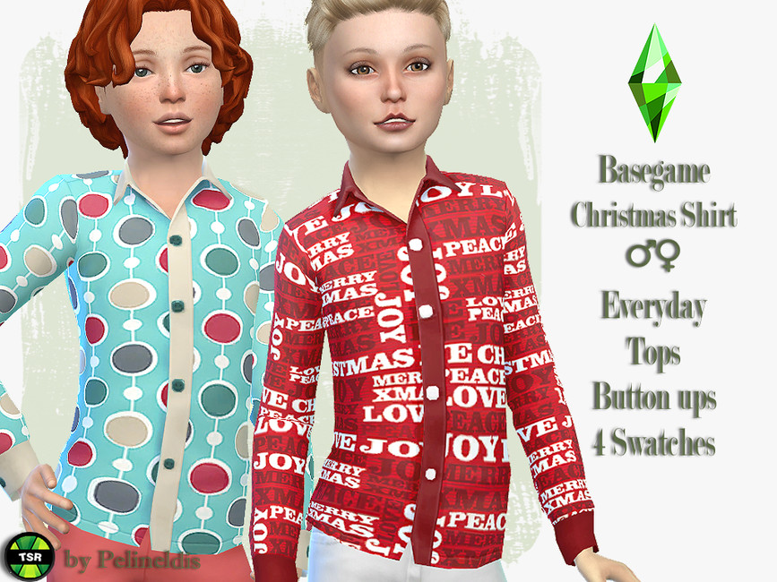 Ein rothaariger und ein blondhaariger Sim aus Die Sims 4, diese Sims tragen langärmlige Knopfhemden mit Weihnachtsmotiven. Der eine hat Weihnachtsornamente und der andere hat Weihnachtswörter überall darauf.