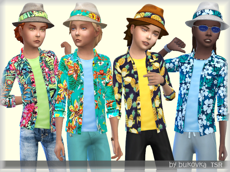 Vier männliche Charaktere aus Die Sims 4, die passende hawaiianische Hüte und Hawaiihemden tragen.