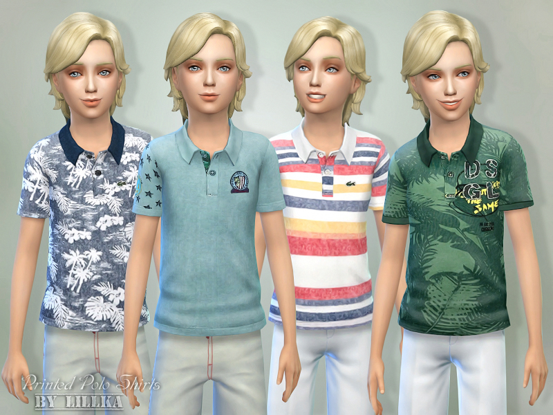 Vier identische blonde Sims, die gemusterte Poloshirts tragen.
