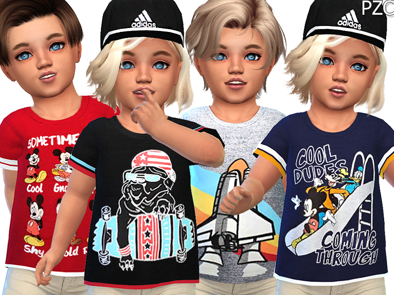 Vier Kleinkinder mit blauen Augen, die T-Shirts mit Streifen an den Ärmeln tragen. Diese Shirts haben lustige Grafikdesigns wie einen Bulldoggen und ein Skateboard.