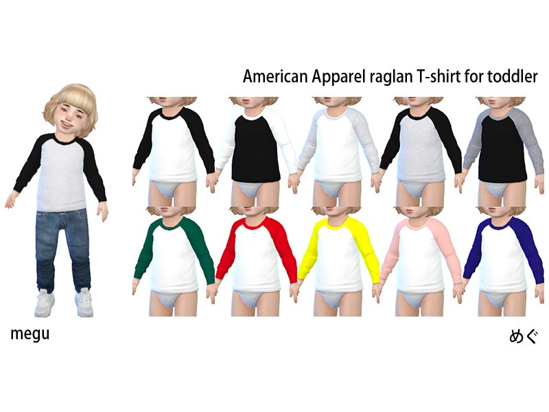 Ein blondes Kleinkind mit blauen Augen, das eine blaue Jeans und weiße Turnschuhe trägt. Oben trägt dieser Sim ein Raglan-Shirt mit weißer Basis und schwarzen Ärmeln.