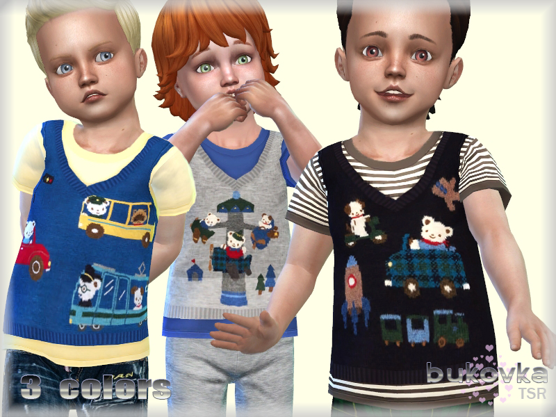 Drei Kleinkinder aus Die Sims 4, die ein T-Shirt mit einem Rundhalsausschnitt unter einem V-Ausschnitt-Pullover tragen.