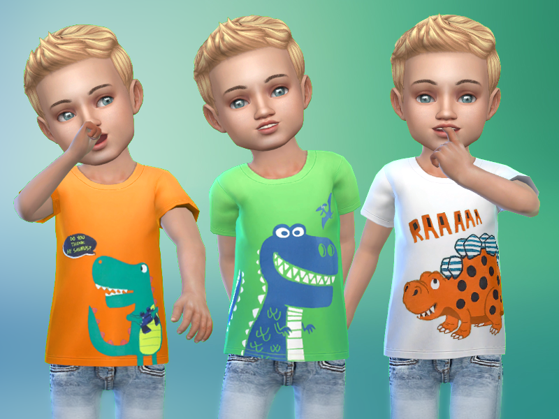 Drei blonde Kleinkinder aus Die Sims 4, die Dinosaurier-T-Shirts tragen.
