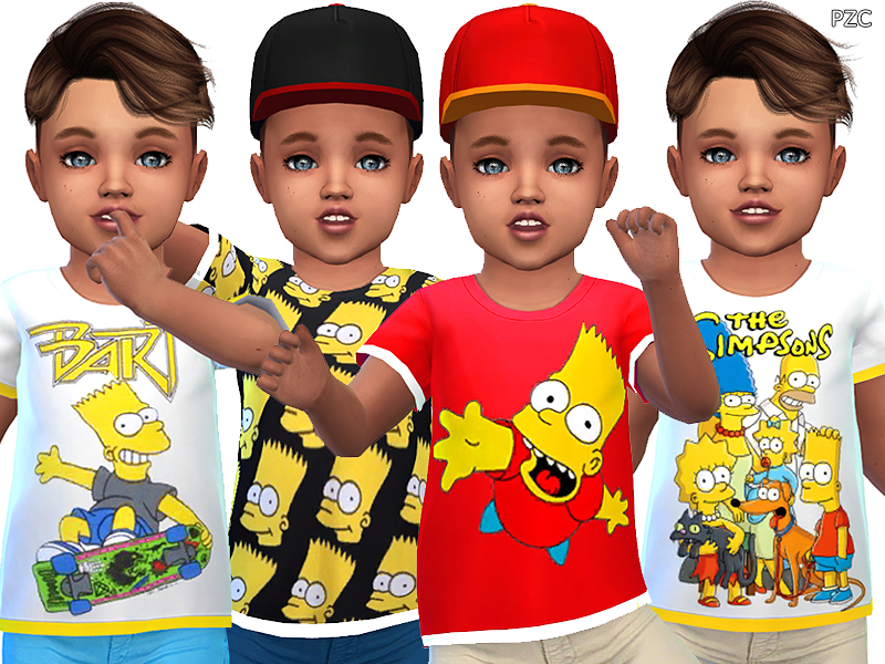 Vier Kleinkinder mit blauen Augen und braunem Haar tragen Simpsons-T-Shirts.