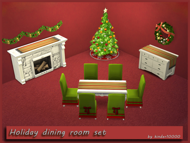 Ein Raum mit roten Wänden und rotem Boden, in dem sich ein Weihnachtsbaum in der Ecke befindet. Es gibt eine Menge Sims 4 Weihnachts CC Möbelsets.