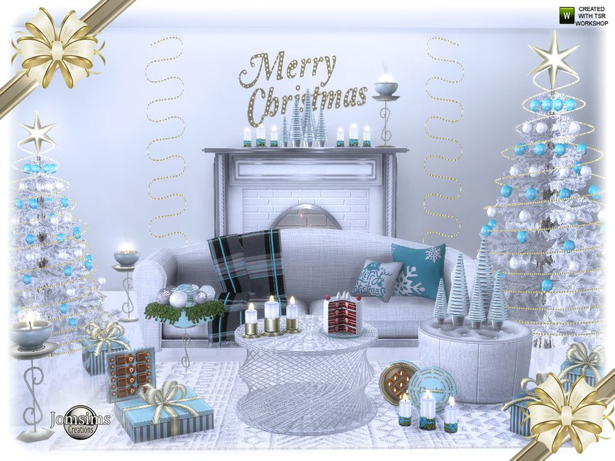 Ein weißes, blaues und silbernes Weihnachts-Wohnzimmer.