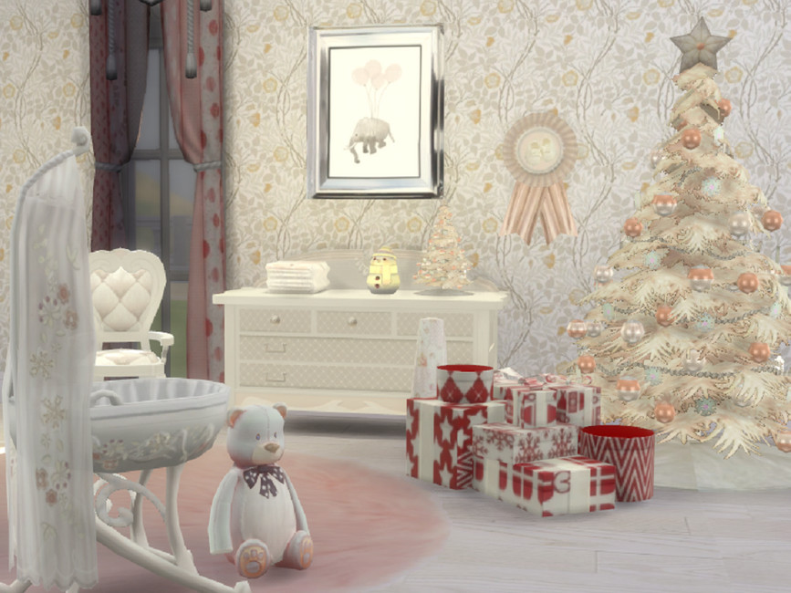 Ein wunderschönes Weihnachtsset für das Kinderzimmer eines Babys, mit einem weißen und pfirsichfarbenen Weihnachtsbaum, einer Kommode und einem Stuhl.