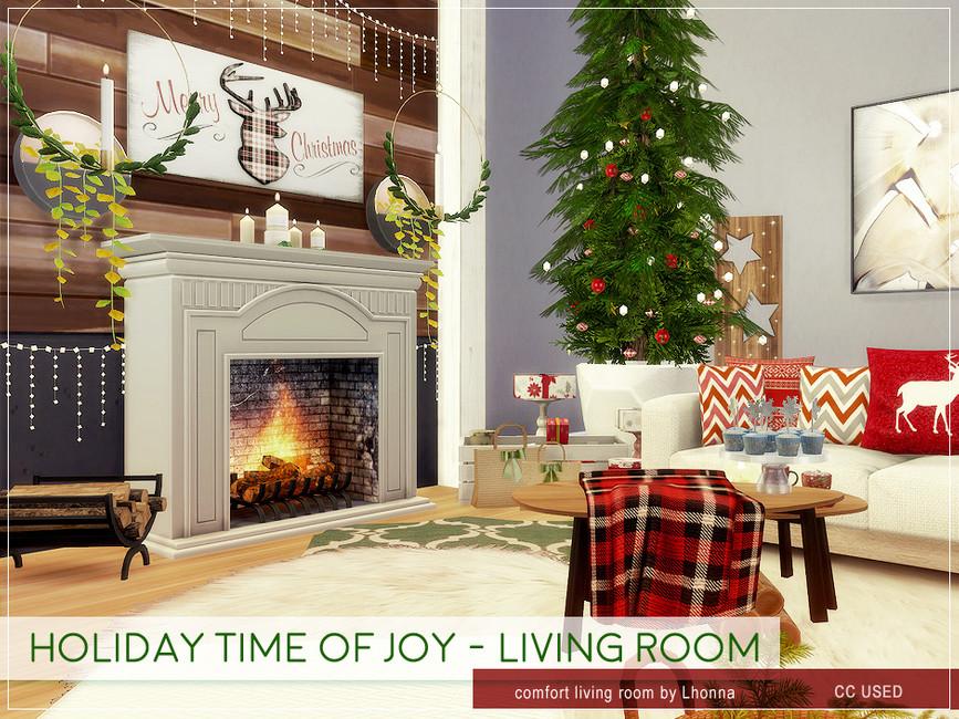 Ein Wohnzimmer-Set für die Feiertage, mit vielen Weihnachtskissen, einer Decke, einem hohen und schlanken Baum und einem Kamin.