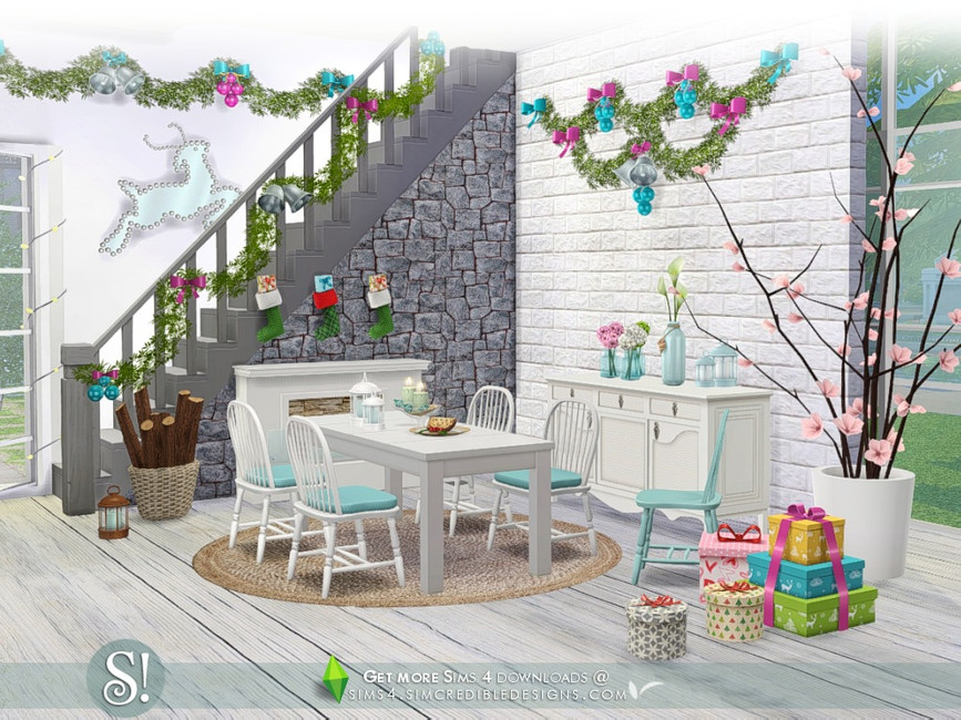 Ein buntes Set mit hellen Geschenken, Girlande in Blau und Rosa und hellen weißen Stühlen.