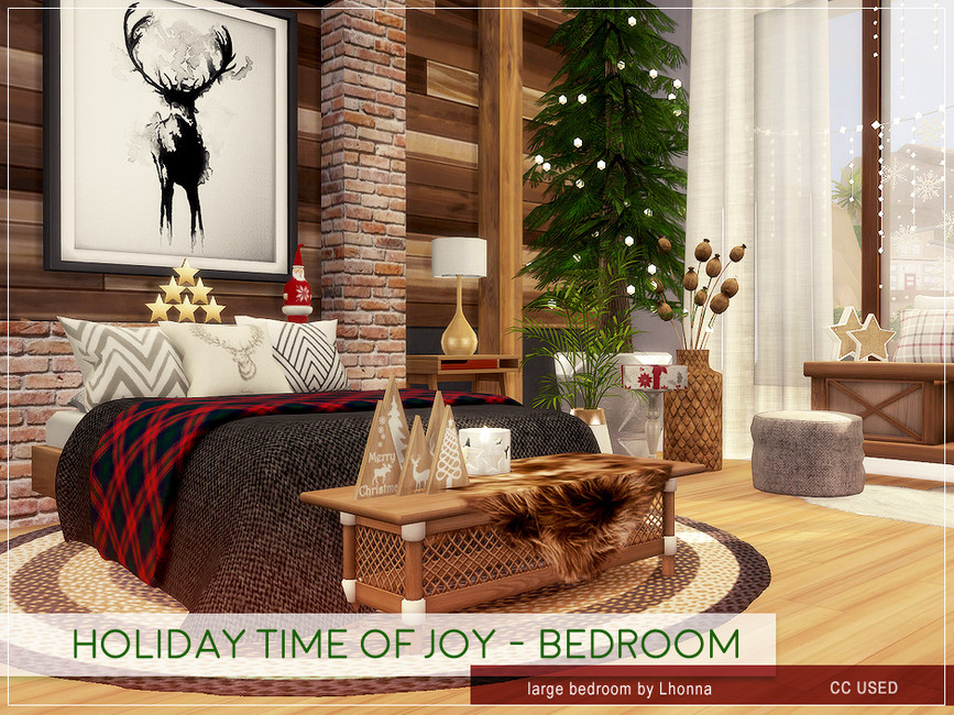 Ein Weihnachtsschlafzimmer in Die Sims 4 mit einem Hirschgemälde über dem Bett, kleinen Weihnachtsbaumdekorationen und Decken auf dem Bett.