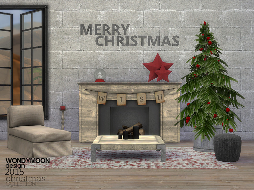 Ein Wohnbereich in Die Sims 4 mit Weihnachts-CC-Möbeln. Über dem Kamin steht