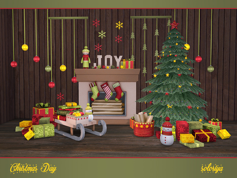 Ein Set von Sims 4 CC für Weihnachten, das einen Kamin, Strümpfe, einen Schneemann, lose Geschenke und einen Weihnachtsbaum enthält.