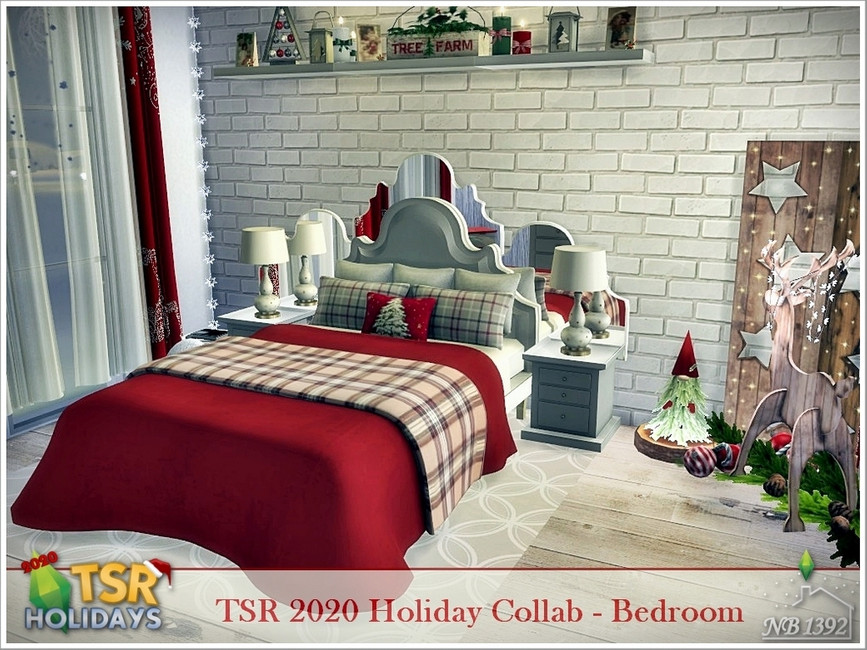 Ein Sims 4 Weihnachts-CC-Schlafzimmer-Set mit einem kleinen Weihnachtsbaum, einem Rentier, einem Holzstück mit Sternen und einem Bett mit roten Laken.