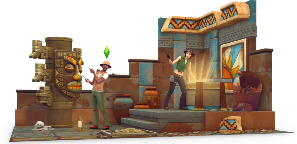 Zwei Sims, die Archäologie betreiben, um Artefakte zu erkunden