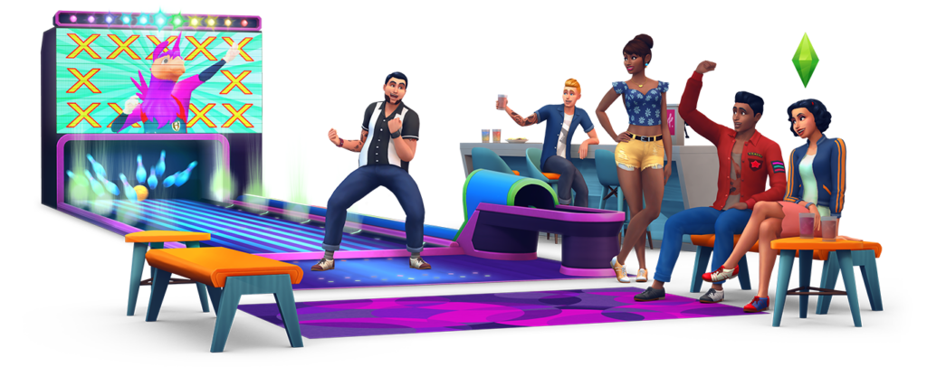 Ein Sim trifft beim Bowling einen Strike, während andere ihn anfeuern
