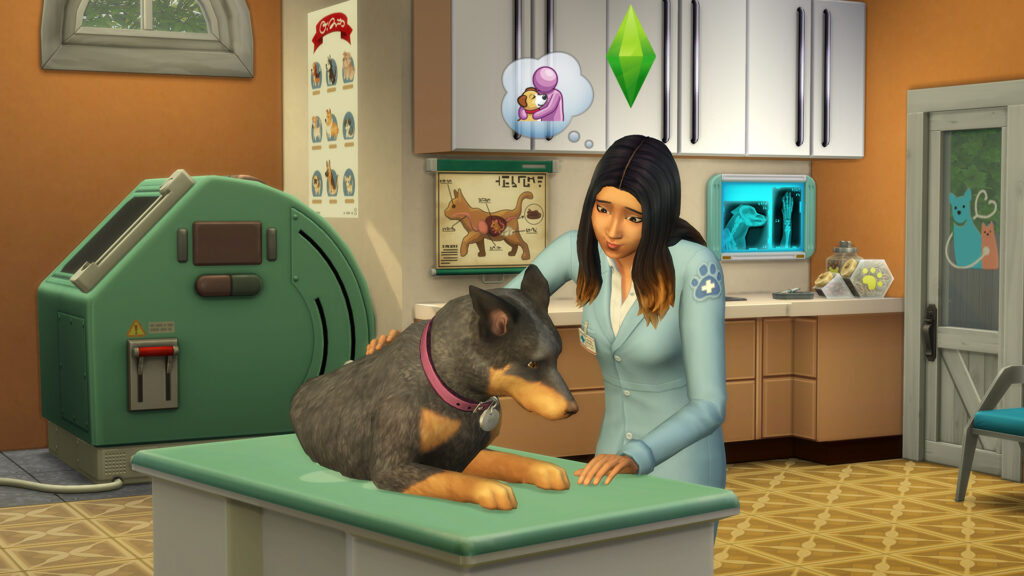 Ein Sim in Die Sims 4, der seine Tierarzt-Fähigkeit nutzt, um sich um einen Hund zu kümmern. Mit Fähigkeits-Cheats kann er eine höhere Fähigkeitsstufe erreichen.