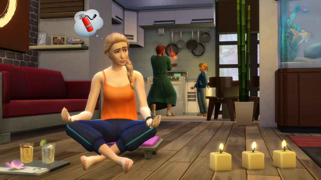 Ein Sim, der seine Wellness-Fähigkeit übt, während sein Partner im Hintergrund ein Feuer entfacht. Es sieht so aus, als müssten sie einen Sims 4-Fähigkeits-Cheat verwenden, um diese Fähigkeit in Ruhe zu erlernen.