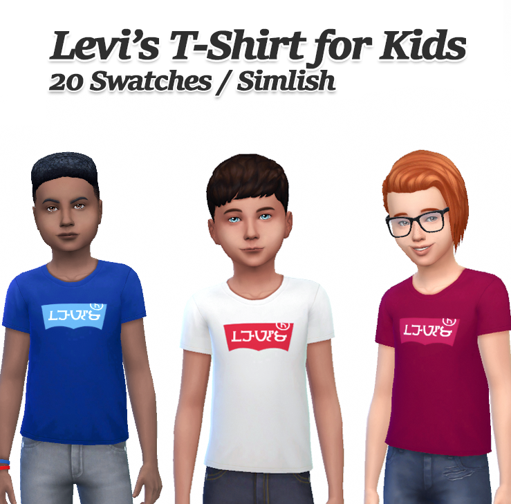Ein levi's-inspiriertes Sims 4-Kinder-CC-Shirt-Option, aber mit dem Wort