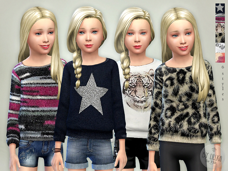 Vier Sims tragen niedliche Pullover im Spiel, die perfekt für Sims 4-Kinder-CC-Shirts sind