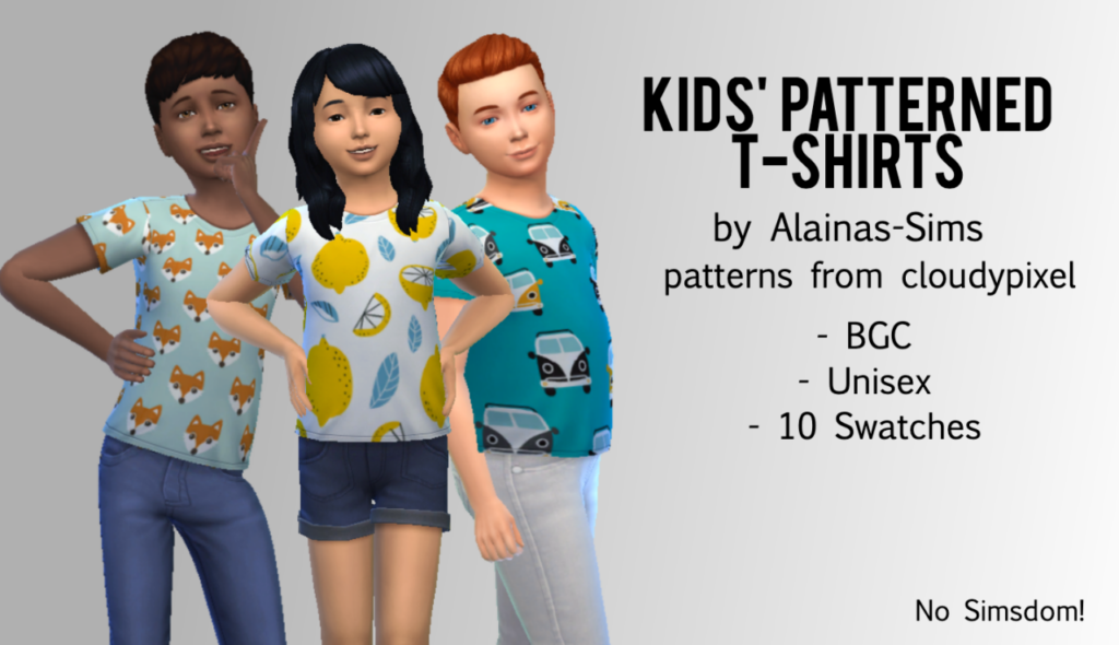 Ein Set von Kindermuster-Shirts für Die Sims 4 mit Mustern wie Füchsen, Zitronen oder Autos