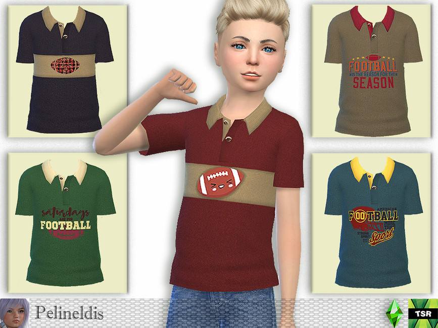 A polo shirt with a stripe in the middle with footballs