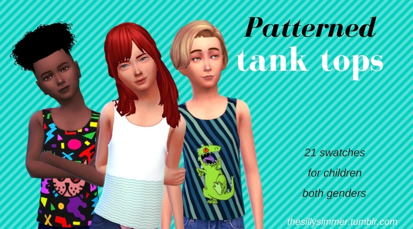 Drei Sims tragen unterschiedlich gemusterte Tanktops, eines davon mit Reptar darauf