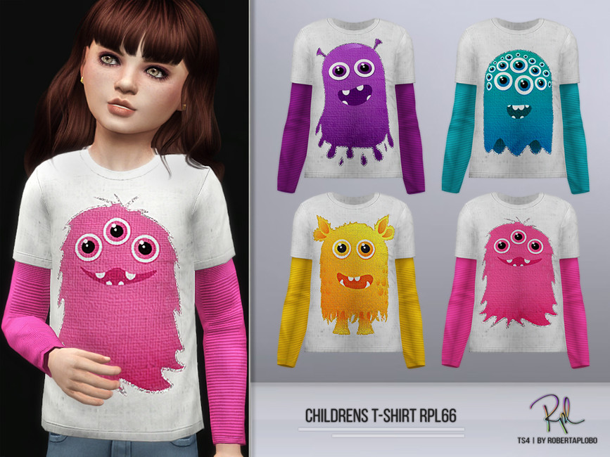 Ein Sim, der ein farbiges Langarmshirt unter einem weißen T-Shirt trägt, auf dem ein Monster abgebildet ist