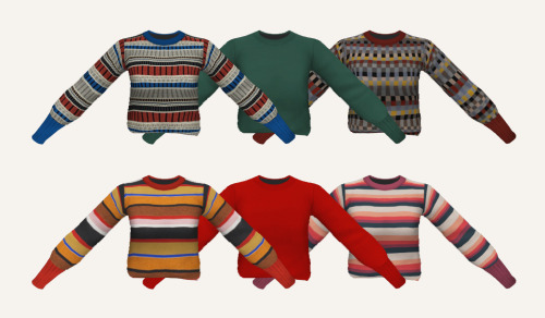 sechs Pullover mit verschiedenen Streifen und Farben