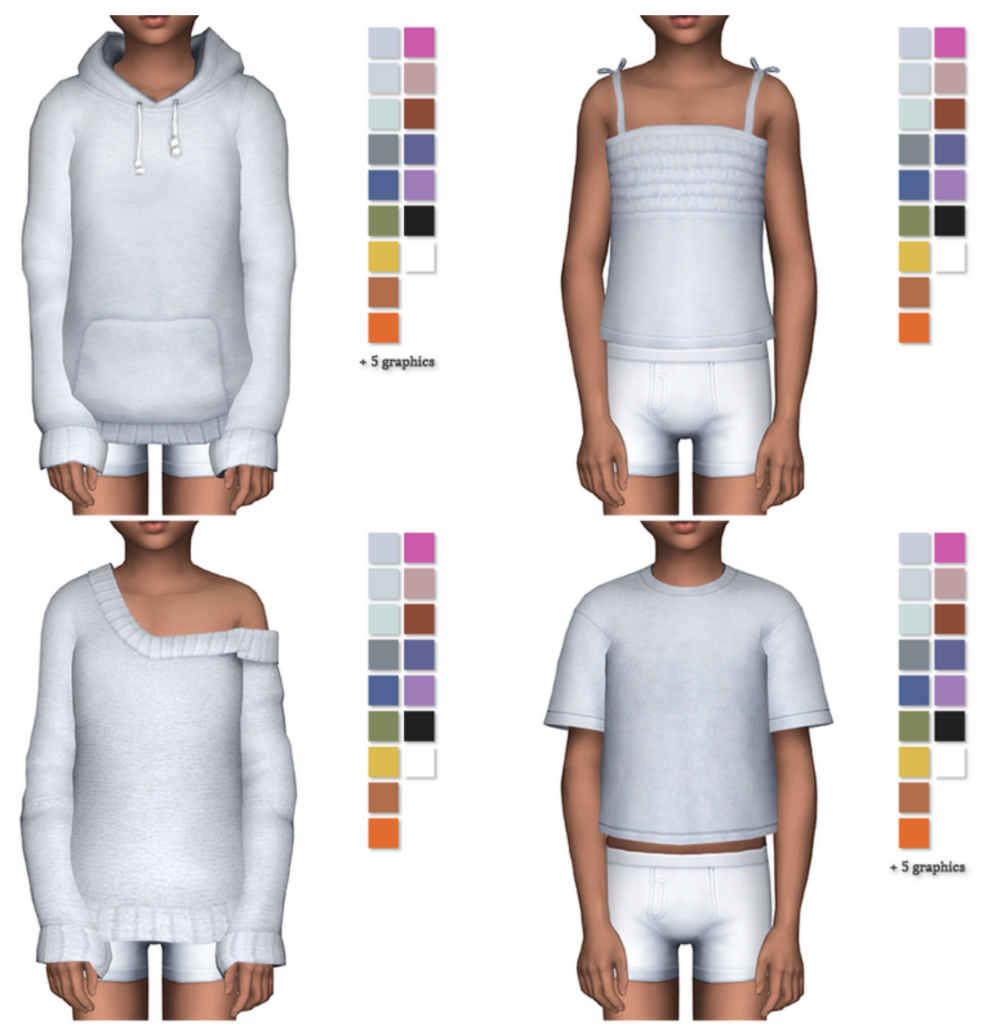 Vier Sims 4 Kinder-CC-Shirts in Grau