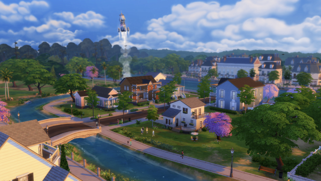 Ein Sim mit hoher Raketenwissenschaftsfähigkeit in Die Sims 4 fliegt zum Planeten Sixam.
