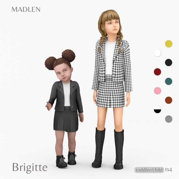 Ein Kind und ein Kleinkind in Die Sims 4, die CC-Outfits tragen, die aus einem Rock mit passender Jacke mit weißem T-Shirt darunter bestehen