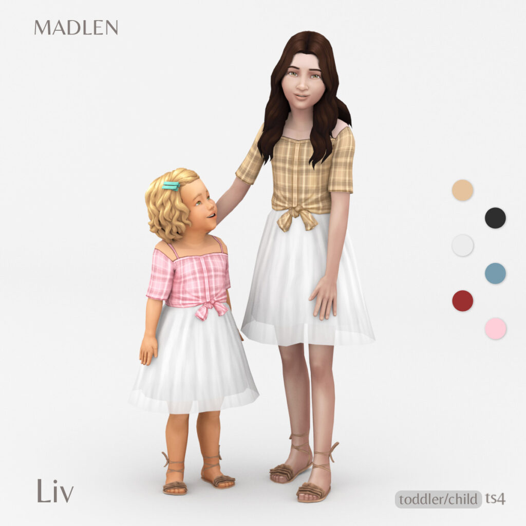 Zwei Sims, ein Kleinkind und ein Kind, die Sims 4 CC-Kinderoutfits tragen, die aus einem karierten Hemd mit einem weißen Tüllrock bestehen.