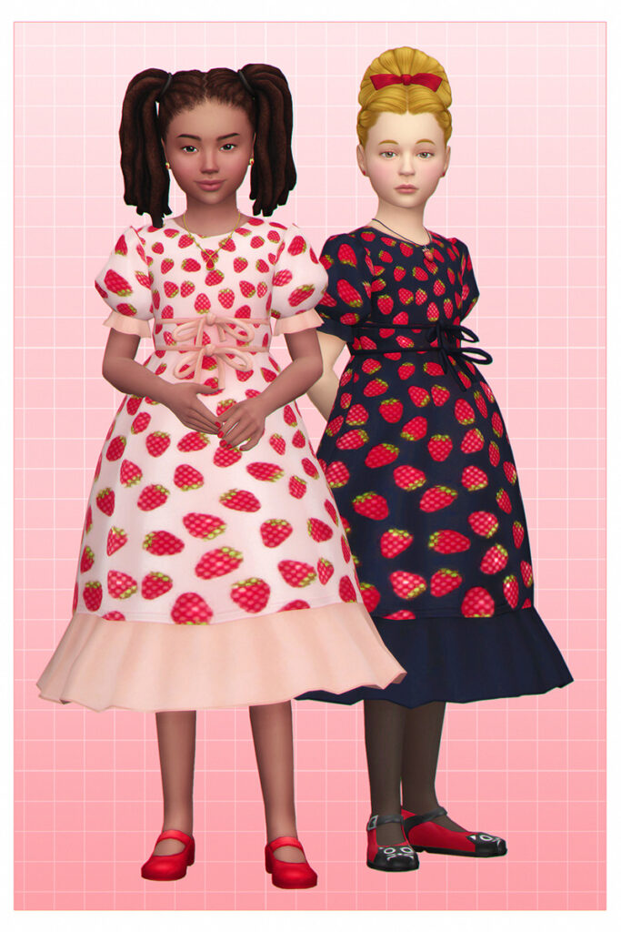 Eine Sims 4 CC-Kinderoutfit-Option, die eine Neuinterpretation des ikonischen TikTok-Erdbeerkleids mit glitzernden Erdbeeren darstellt