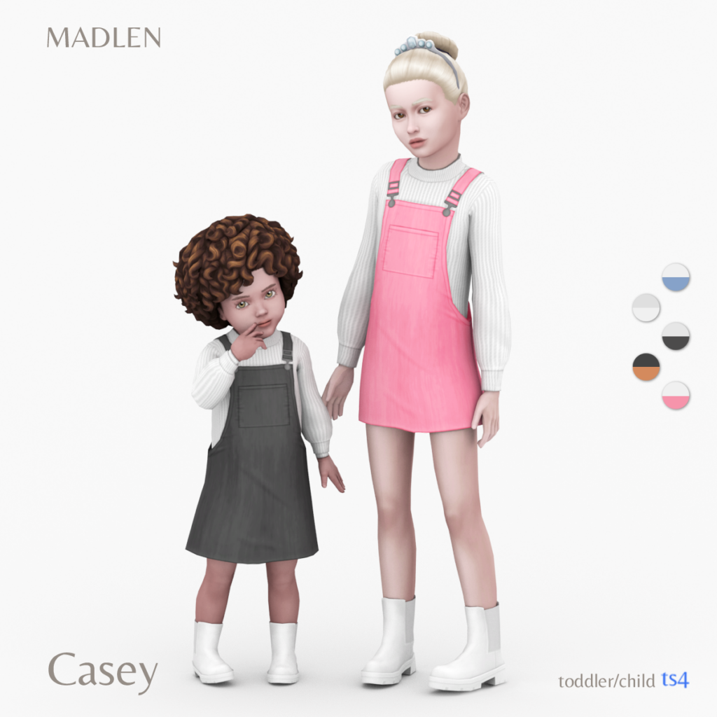 Eine Option für Sims 4 CC-Kinderoutfits, bei der das Oberteil ein weißer Langarm-Pullover mit einem Overall-Rock obendrauf ist