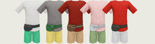 Eine Sims 4 CC-Kinderoutfit-Option mit einem schlichten T-Shirt und Shorts und einer Bauchtasche für einen touristischen Look