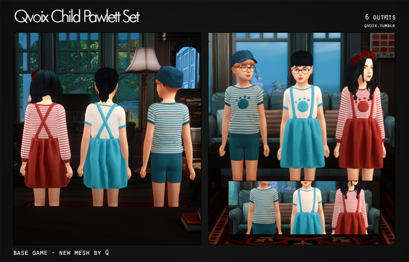 Drei Kinder in Die Sims 4, die Sims 4 CC-Kinderoutfits tragen, mit niedlichen Shirts, die Tierpfoten und entweder Shorts oder einen Rock haben