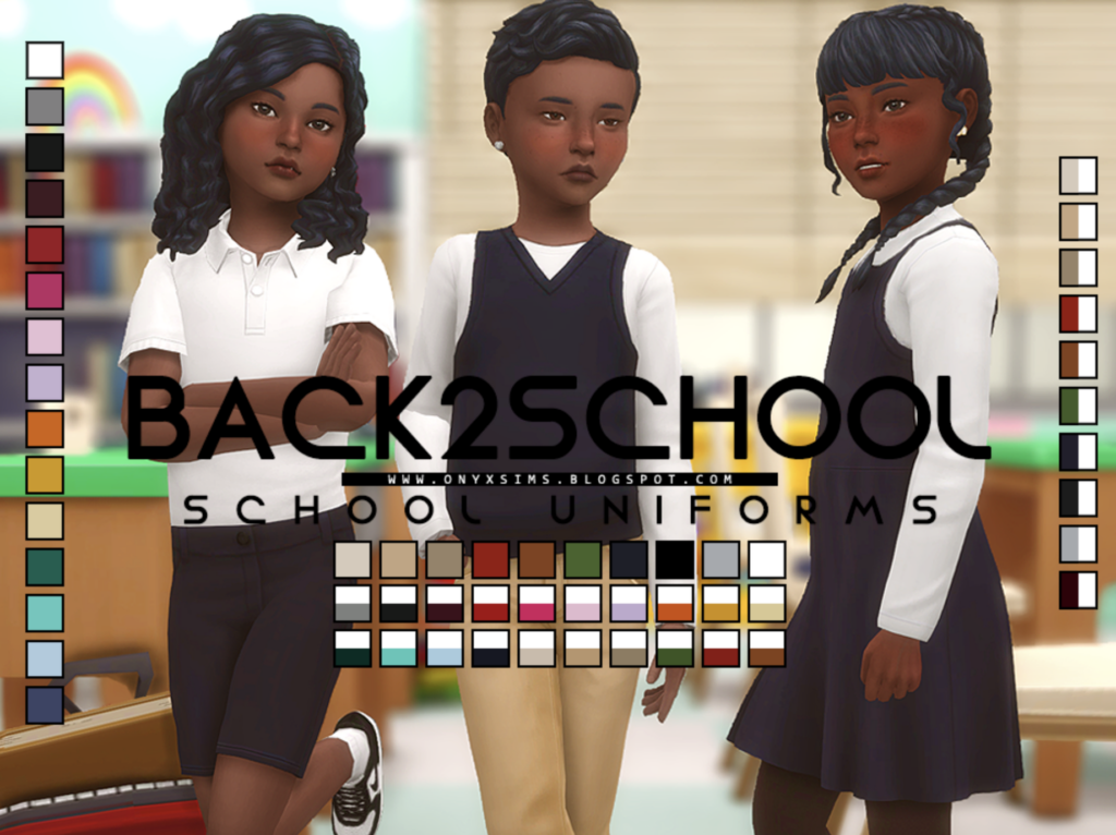 Drei Sims, die khaki-, schwarz- und weißfarbene Outfits tragen, die wie Schuluniformen aussehen