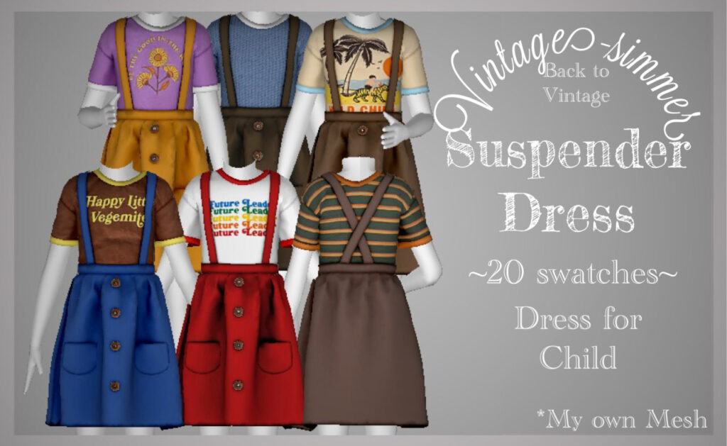 Eine Gruppe von sechs Mannequins, die ein Hosenträger-Kleid mit Knöpfen und lustigen T-Shirts tragen