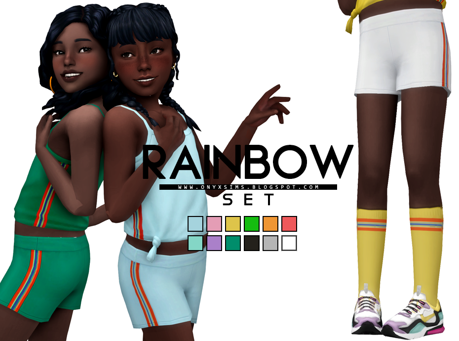 Sims, die ein buntes Regenbogen-Aktivbekleidungsoutfit tragen