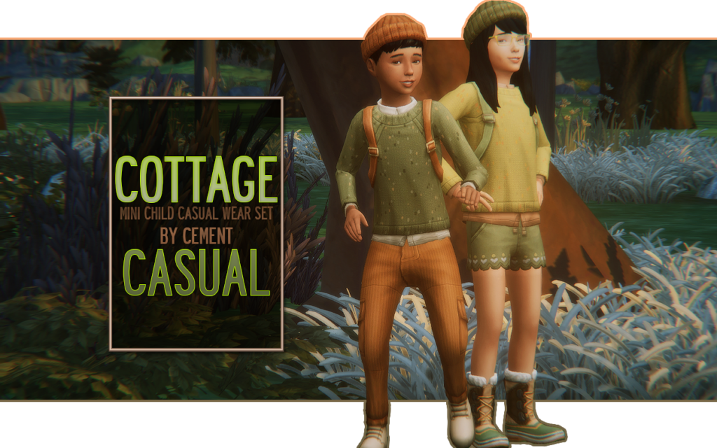 Zwei Sims, die Mützen, niedliche Pullover und alles in einem Cottage-Core-Thema tragen