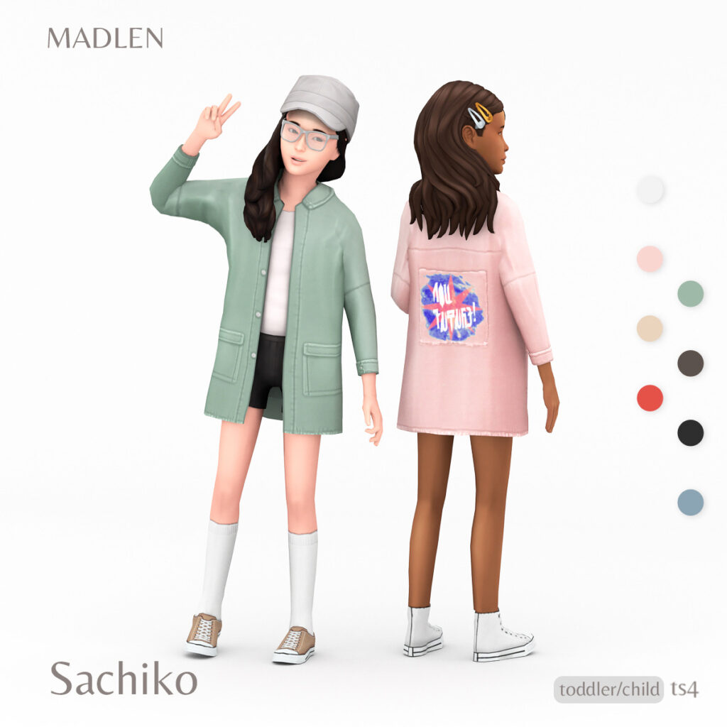 Zwei Sims tragen Radlerhosen und ein weißes T-Shirt mit einer süßen Jacke obendrüber