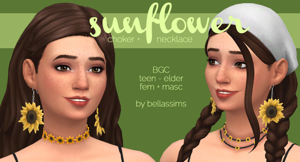 Die gleiche Sim zweimal mit unterschiedlichen Frisuren, einmal mit langen Haaren und einmal mit geflochtenen Zöpfen. Beide Sims-4-Charaktere tragen Schmuck mit Sonnenblumen, einschließlich Sonnenblumen-Ohrringen und einer Sonnenblumen-Halskette.