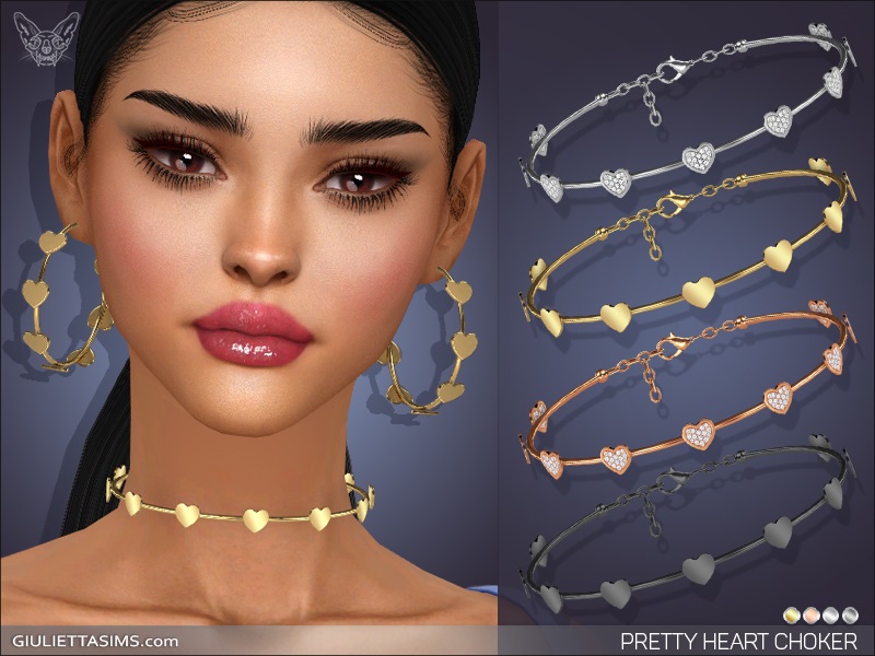 Ein Charakter aus Die Sims 4 mit schwarzen Haaren, die zu einem tiefen Pferdeschwanz zusammengebunden sind. Sie trägt ein passendes Schmuckset mit Herzen.