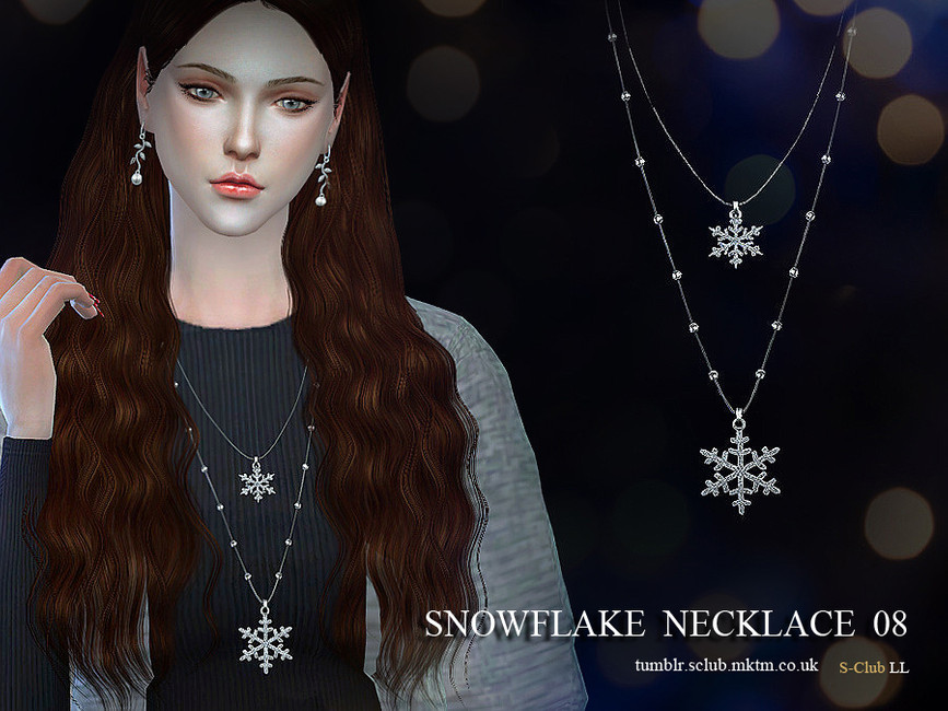 Ein Sim mit langen welligen braunen Haaren, der eine Strickjacke trägt und eine Kette mit zwei Ketten trägt, die in Schneeflocken enden.
