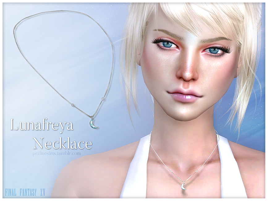 Ein blondes Sim mit blauen Augen und einem weißen Tanktop. Sie trägt eine einfache Kettenhalskette, die in einem Mond endet.