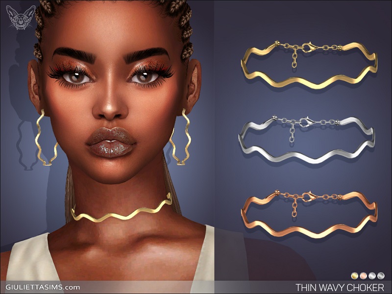 Eine Sim-Figur, die passende gewellte Creolen und einen gewellten Metall-Choker-Halsreif trägt.