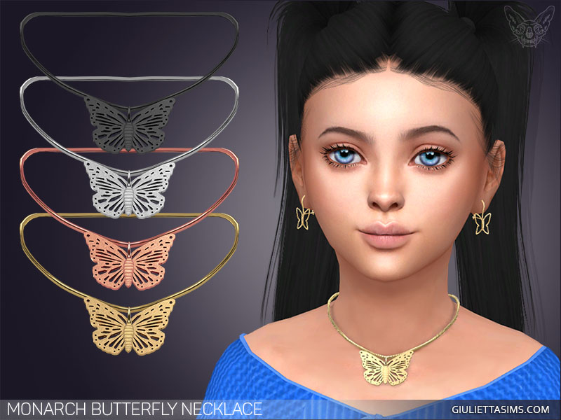 Ein Charakter aus Die Sims 4 mit schwarzen Haaren in zwei hohen Zöpfen und blauen Augen. Sie trägt ein passendes Set aus goldfarbenen Schmetterlingsohrringen und einer goldfarbenen Schmetterlingshalskette.