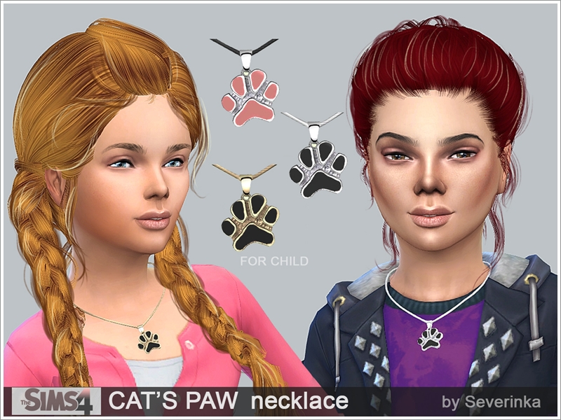 Zwei Sims mit zurückgebundenen Haaren, die beide eine Sims 4 CC-Halskette tragen, die eine Pfote darstellt.