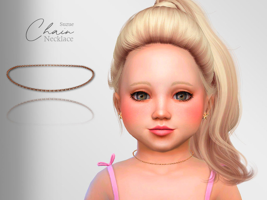 Ein blondhaariges, haselnussäugiges Kleinkind aus Die Sims 4, das ein rosa Tanktop und goldene Sternohrringe trägt. Sie trägt auch eine goldene Ketten-CC-Halskette.