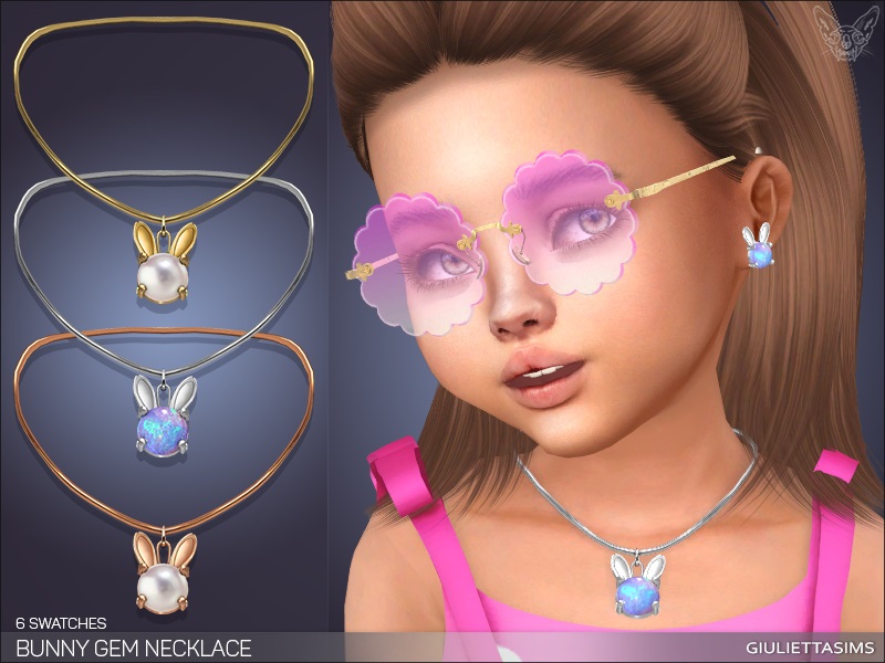Ein Kleinkind aus Die Sims 4 mit braunen Haaren, das ein rosa Tanktop und eine rosa Sonnenbrille trägt. Es trägt auch eine CC-Halskette mit einer silbernen Kette und einem Hasenmotiv.